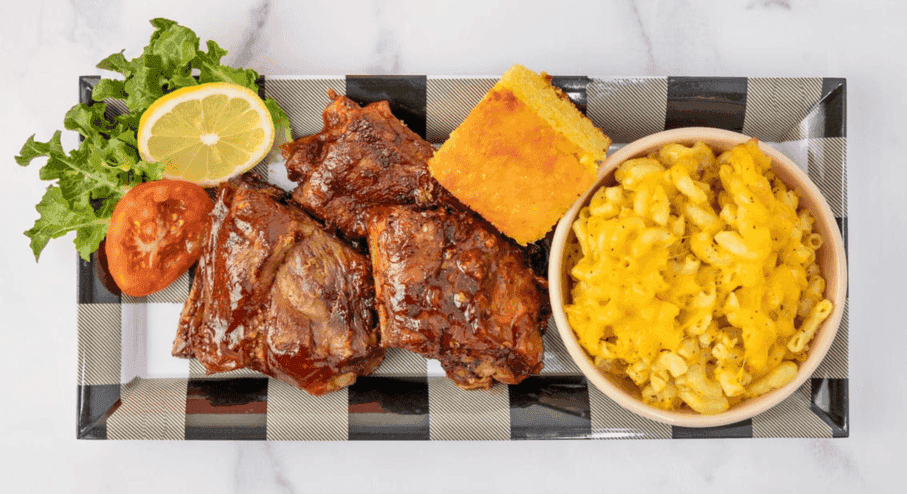 Zion Delight BBQ ribs plate with cornbread and mac and cheese — Atlanta soul food